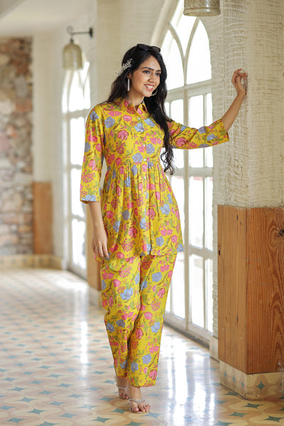 Yellow Multi Floral Pure Cotton Co-ord Set