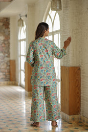 Bluish Green Floral Pure Cotton Co-ord Set