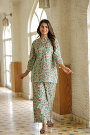 Bluish Green Floral Pure Cotton Co-ord Set