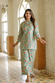 Bluish Green Floral Pure Cotton Co-ord Set