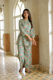 Bluish Green Floral Pure Cotton Co-ord Set