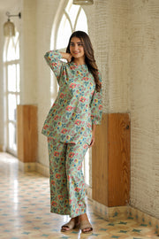 Bluish Green Floral Pure Cotton Co-ord Set