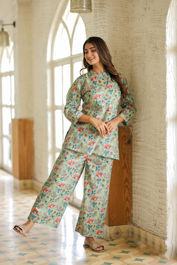 Bluish Green Floral Pure Cotton Co-ord Set