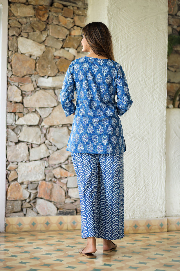 Blue White Abstract Pure Cotton Co-ord Set