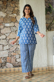 Blue White Abstract Pure Cotton Co-ord Set