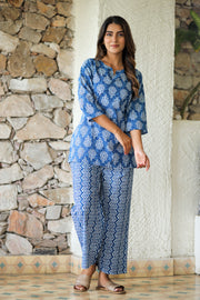 Blue White Abstract Pure Cotton Co-ord Set