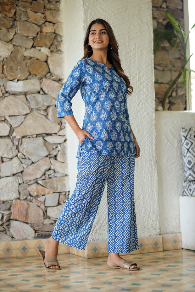 Blue White Abstract Pure Cotton Co-ord Set