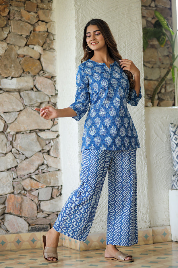 Blue White Abstract Pure Cotton Co-ord Set