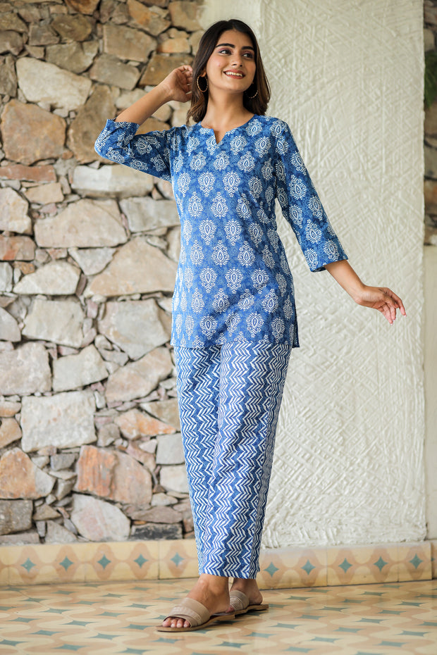 Blue White Abstract Pure Cotton Co-ord Set