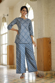 BLUE PRINTED SWEETHEART NECK PURE COTTON CO-ORD SET