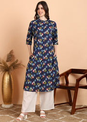 DARK BLUE PRINTED SWEETHEART NECK PURE COTTON CO-ORD SET