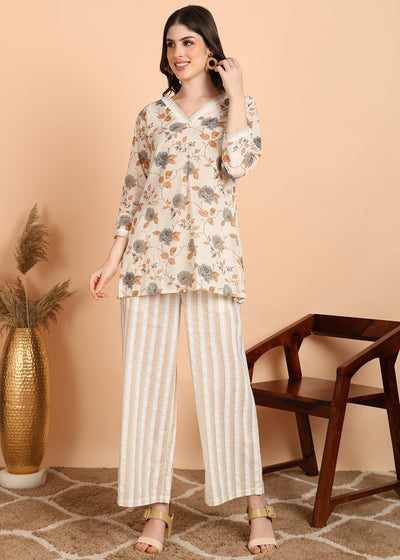 Creamish Floral Pure Cotton Co-ord Set