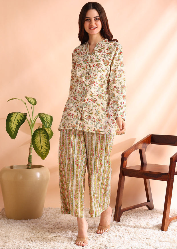 Creamish Floral Pure Cotton Co-ord Set