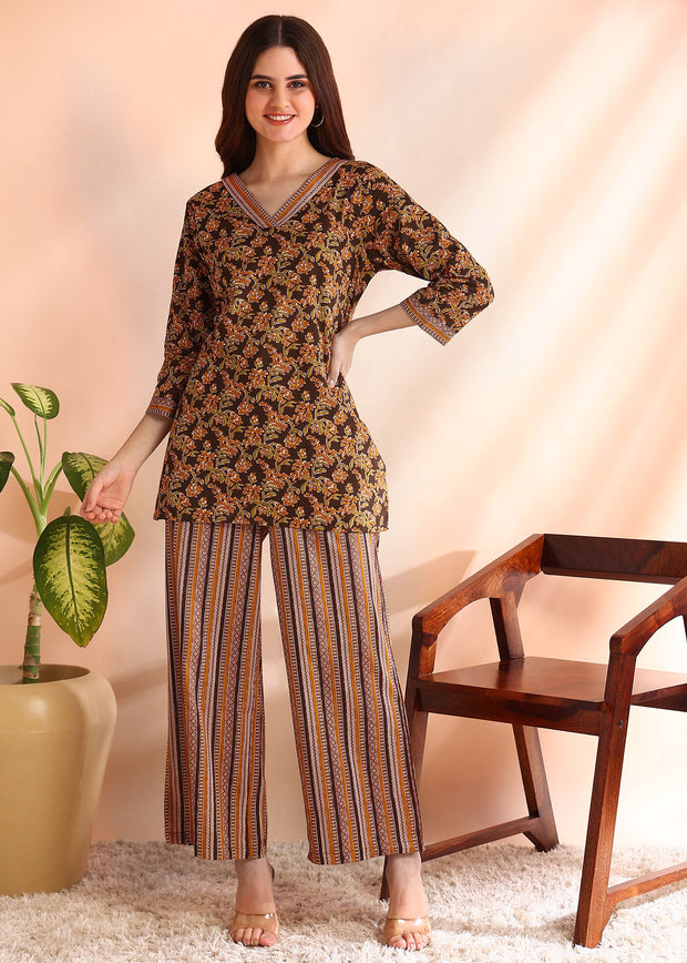 BROWN FLORAL PRINTED SWEETHEART NECK PURE COTTON CO-ORD SET