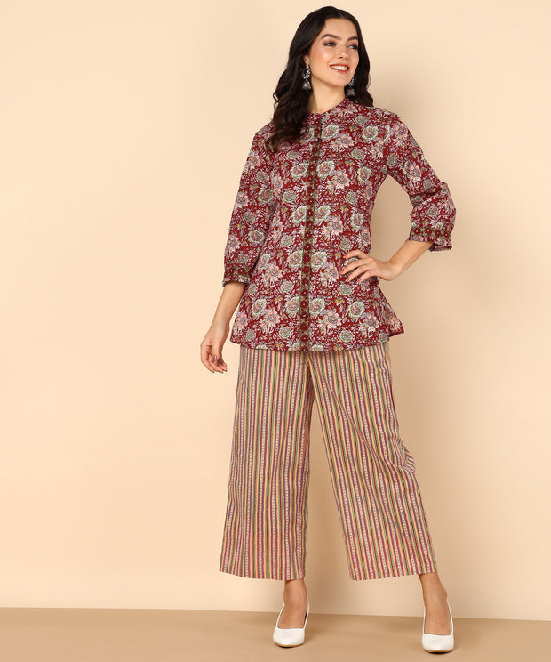 Red Mahroon Floral Pure Cotton Co-ord Set