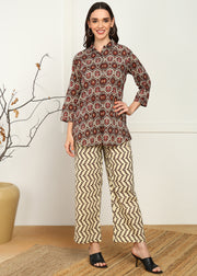 Brown Abstract Printed Pure Cotton Co-ord Set