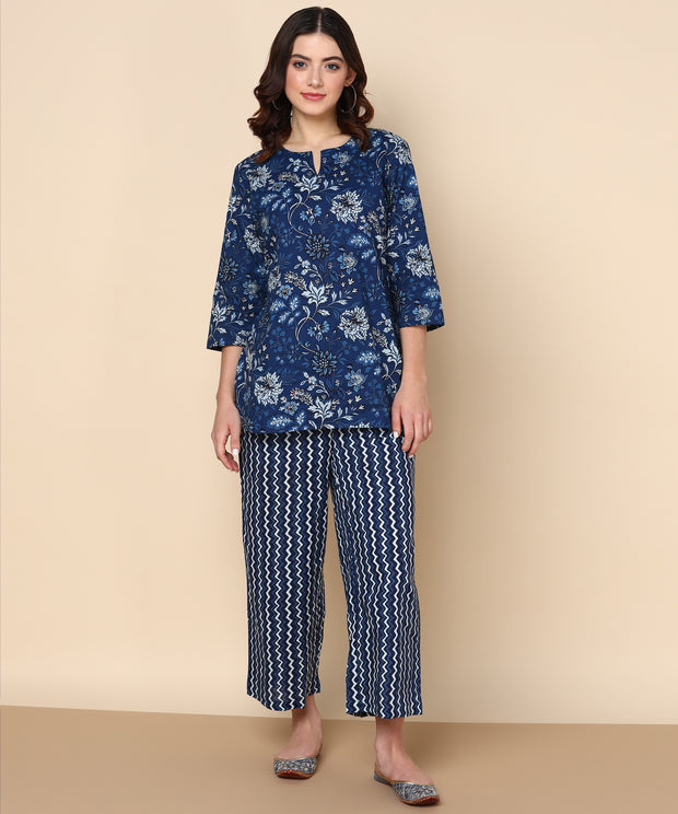 Indigo Blue Floral Pure Cotton Co-ord Set