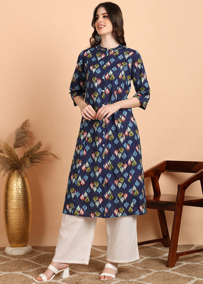 DARK BLUE PRINTED SWEETHEART NECK PURE COTTON CO-ORD SET