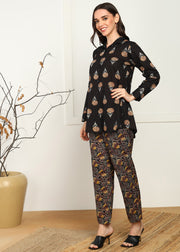 BLACK PRINTED SWEETHEART NECK PURE COTTON CO-ORD SET