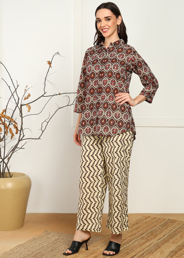 Brown Abstract Printed Pure Cotton Co-ord Set