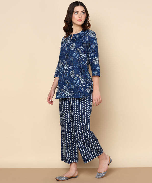 Indigo Blue Floral Pure Cotton Co-ord Set