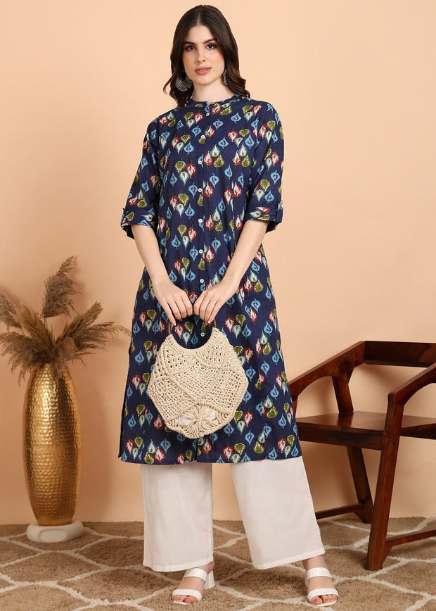 DARK BLUE PRINTED SWEETHEART NECK PURE COTTON CO-ORD SET