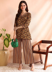 BROWN FLORAL PRINTED SWEETHEART NECK PURE COTTON CO-ORD SET