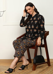 BLACK PRINTED SWEETHEART NECK PURE COTTON CO-ORD SET