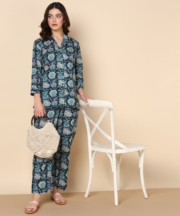 Blue & White Floral Pure Cotton Co-ord Set