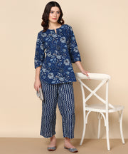 Indigo Blue Floral Pure Cotton Co-ord Set