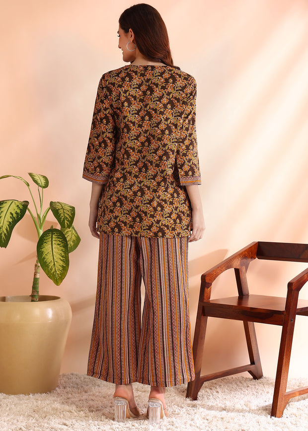 BROWN FLORAL PRINTED SWEETHEART NECK PURE COTTON CO-ORD SET