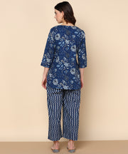 Indigo Blue Floral Pure Cotton Co-ord Set