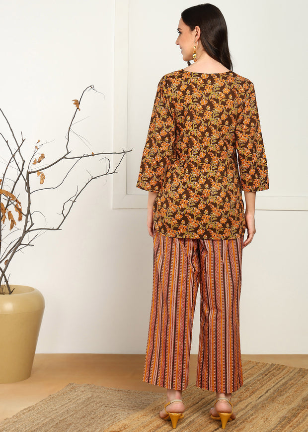 Brown Orange Floral Pure Cotton Co-ord Set