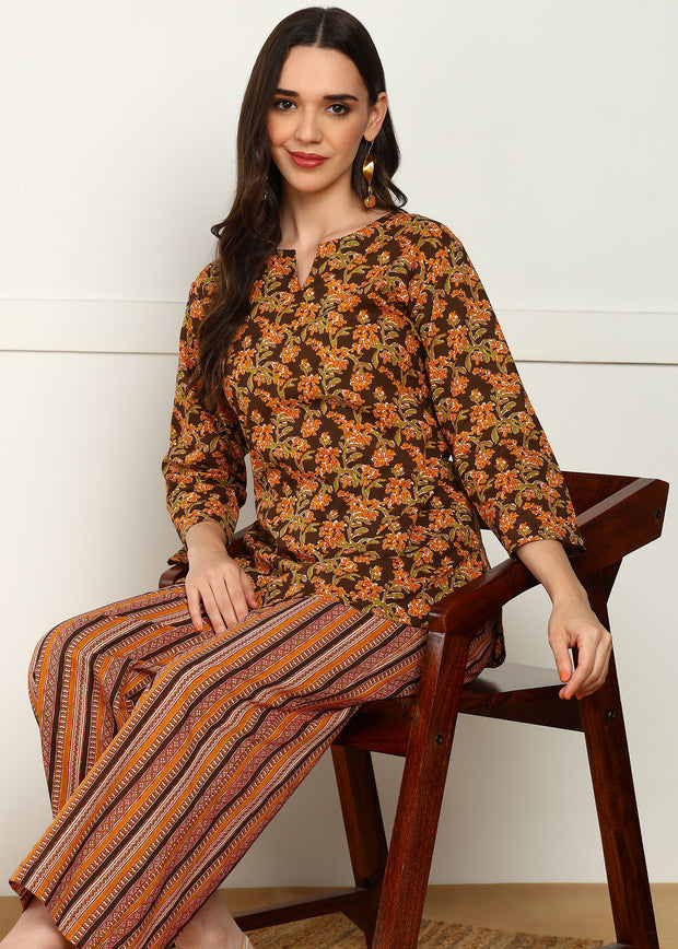 Brown Orange Floral Pure Cotton Co-ord Set