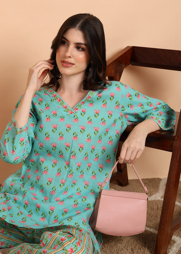 BLUE FLORAL PRINTED SWEETHEART NECK PURE COTTON CO-ORD SET