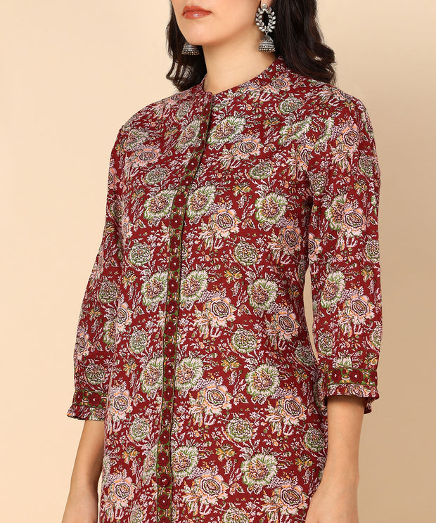 Red Mahroon Floral Pure Cotton Co-ord Set