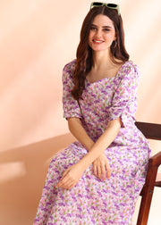 Purple Floral Printed Summer Dress