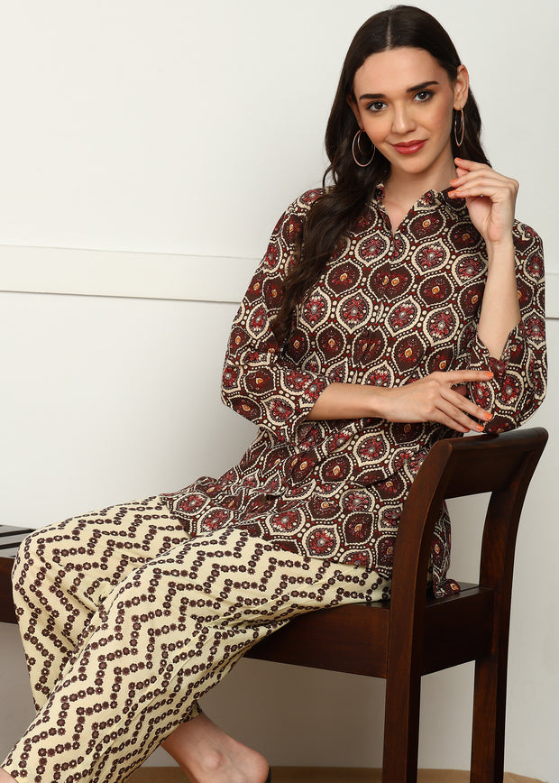 Brown Abstract Printed Pure Cotton Co-ord Set